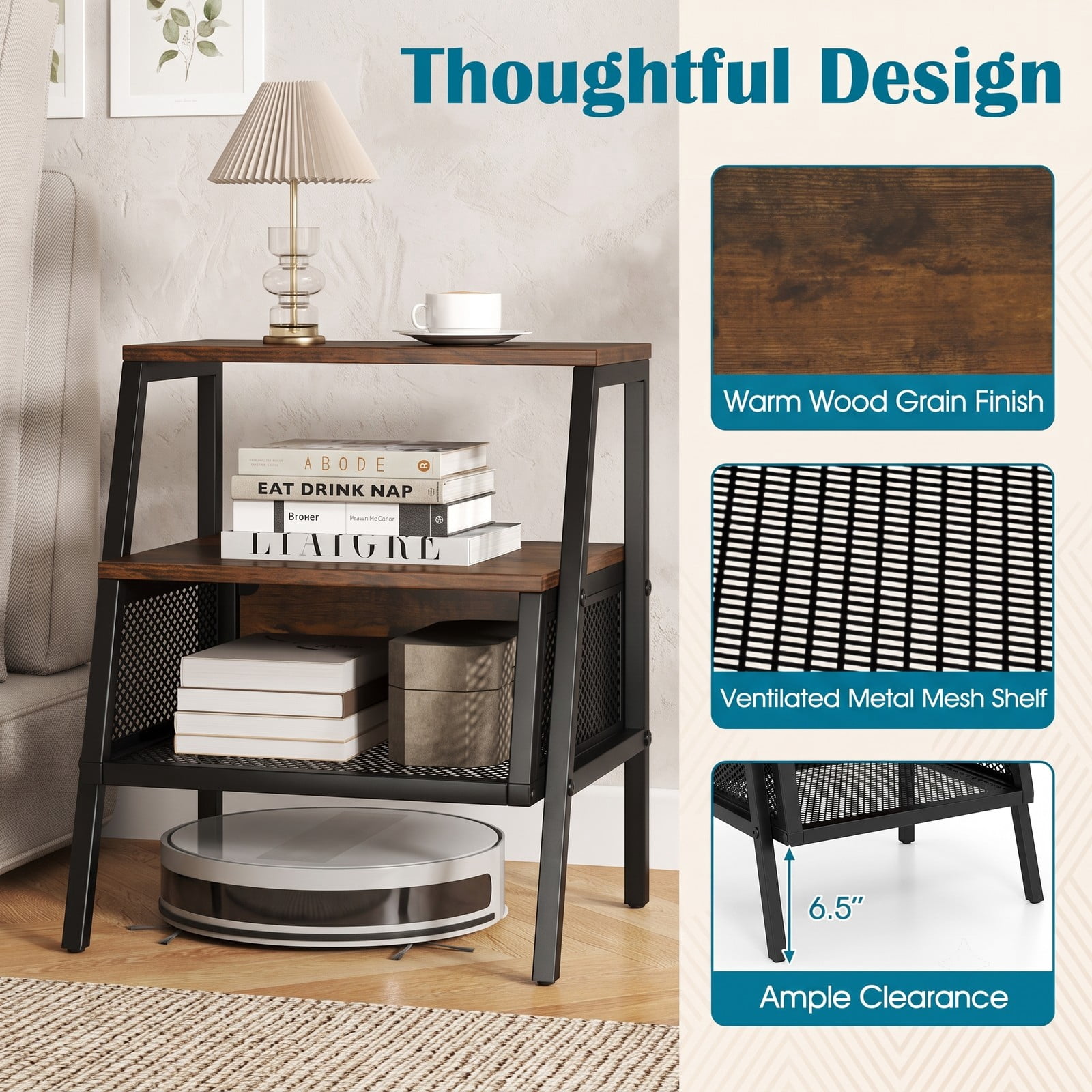 Furnibear Industrial Nightstand 3 Tier End Table with 2 Open Shelves and Metal Mesh Compartment for Bedroom, Rustic Brown