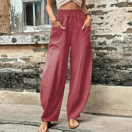 

Womens Cotton Linen Capri Pants Summer Elastic Waisted Casual Pants Wide Leg Loose Fit Comfy Pajama Beach Trousers CHMORA(Watermelon Red 4XL)