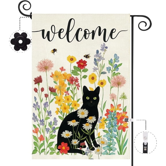 Spring Summer Black Cat Garden Flag Double Sided Burlap 12.5 x 18 Inch with Clip and Stopper Floral Welcome Front Yard Lawn Outdoor Decoration