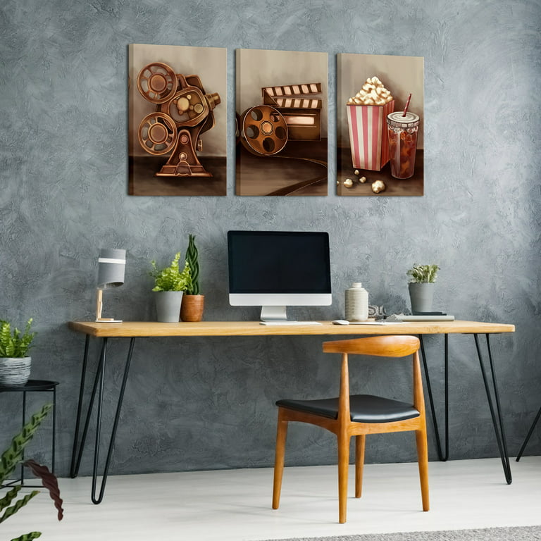Visual Art Decor 3 Piece Canvas Wall Art Classic Old Fashion Film Reels Popcorn Poster Painting Vintage Bar Pub Home Movie Theater Media Gallery