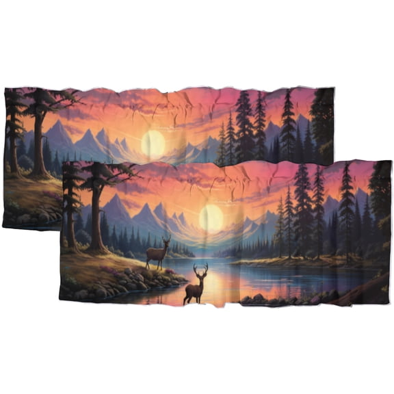 Deer Valance Curtain for Kitchen Fall Forest Elk Wildlife Animal Rustic Country Farmhouse Autumn Hunting Theme Rod Pocket Window Valance for Living Room Bedroom Kitchen 54 by 18 in, 2 Panel