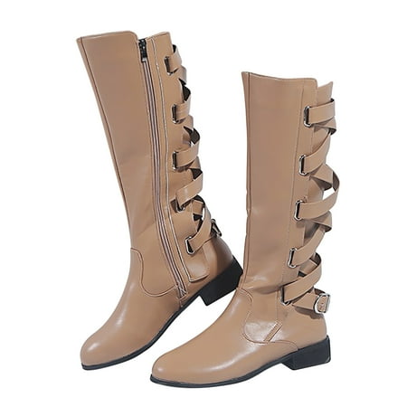 

Yoslce Fall Shoes for Women 2022 Fashion Large Size Boots Women Autumn Long Tube Lace Up Thick Heel Shoes Boots Beige 40