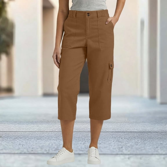 ClodeEU Women's Elastic Waist Capri Pants, Casual Cropped Trousers with Pockets for Summer and Everyday Wear Coffee,Women's Plus L