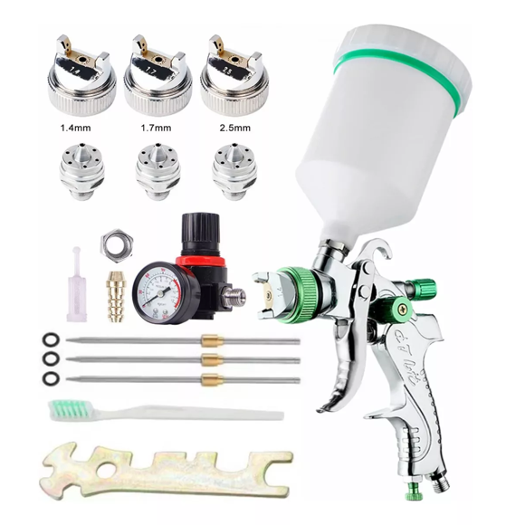 Pistola Gravedad Pintura Automotriz De 600ml 1,4/1,7/2,0 Mm Plata/Verde