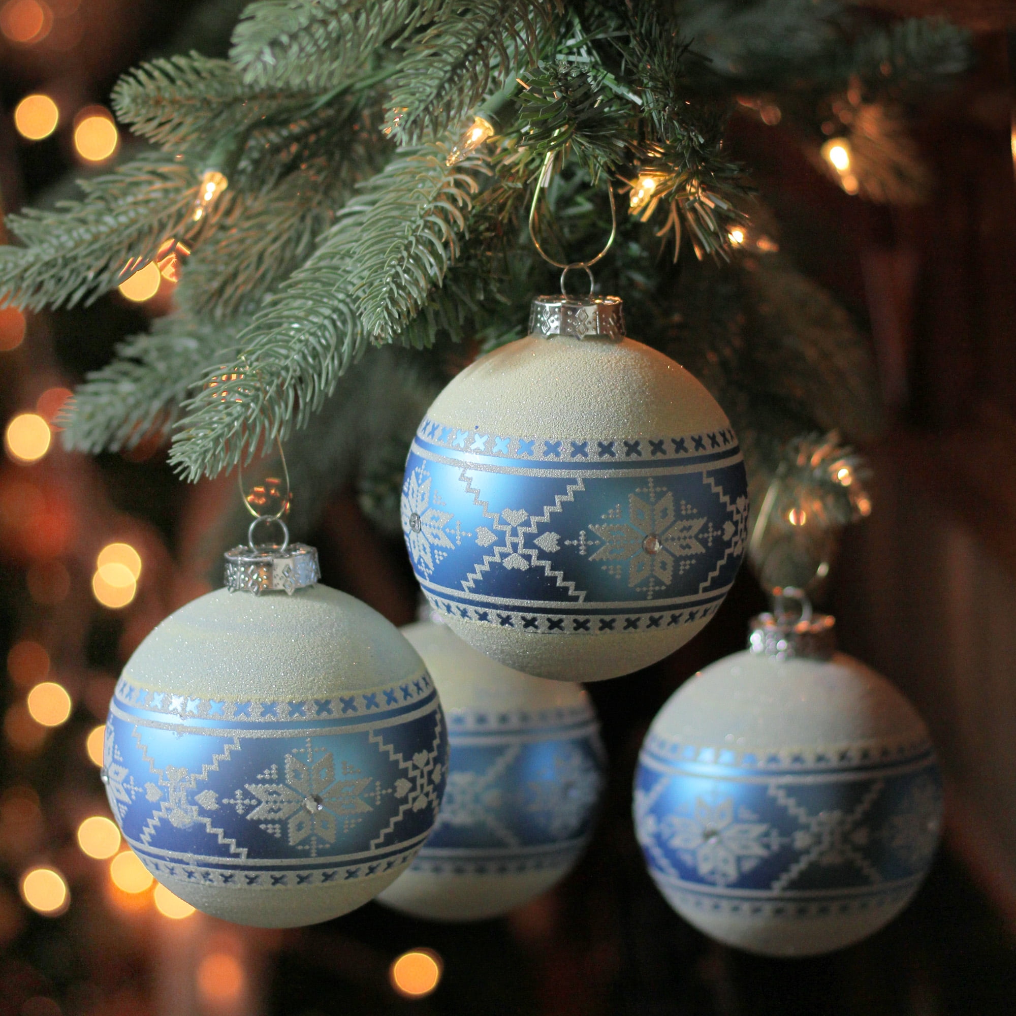 4-Piece Silver Nordic Pattern Glass Ornament Set