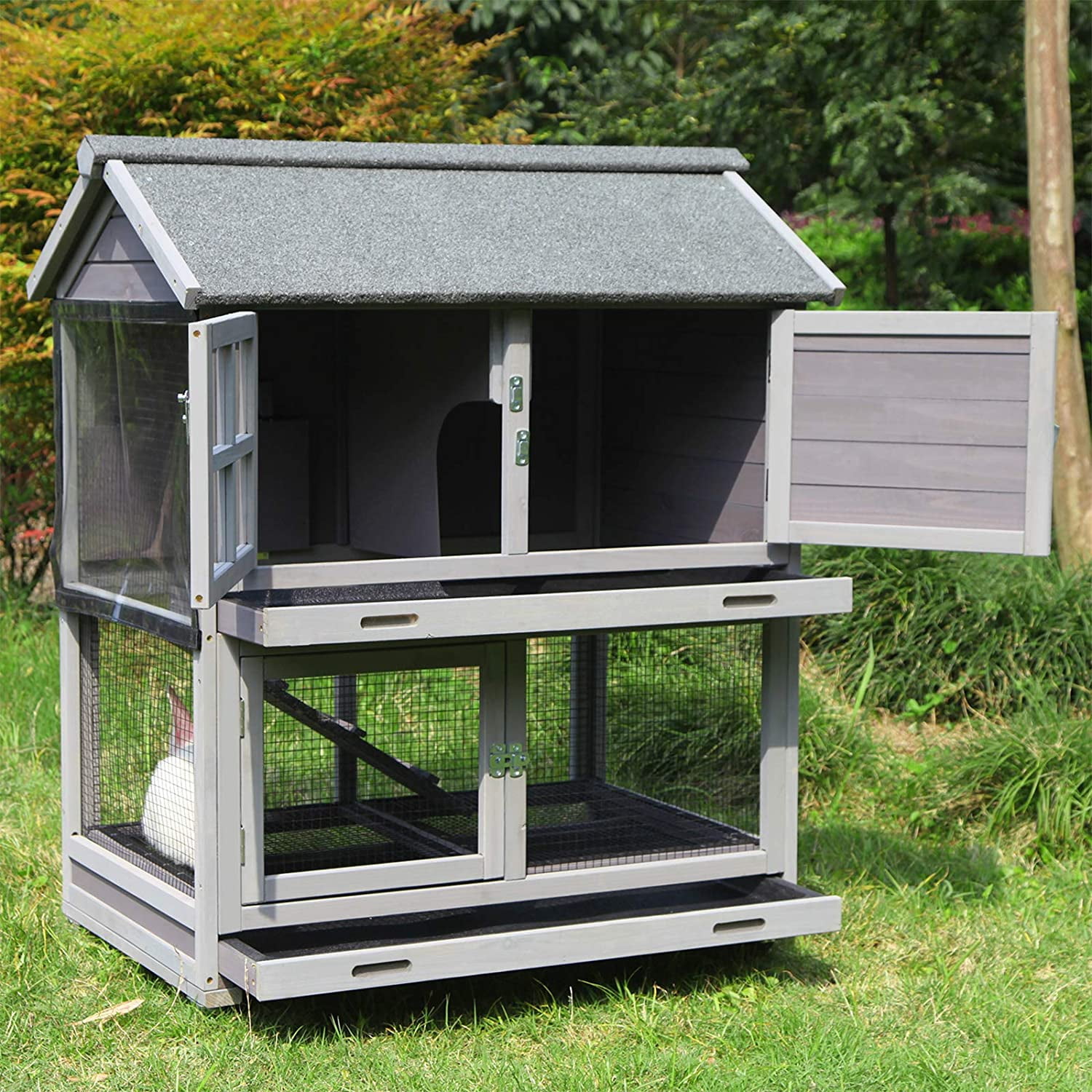 Rabbit Hutch Outdoor Large, Rabbit Cage Indoor Bunny Hutch Bunny Cage with Wheels -Upgrade Removable Wire Rack