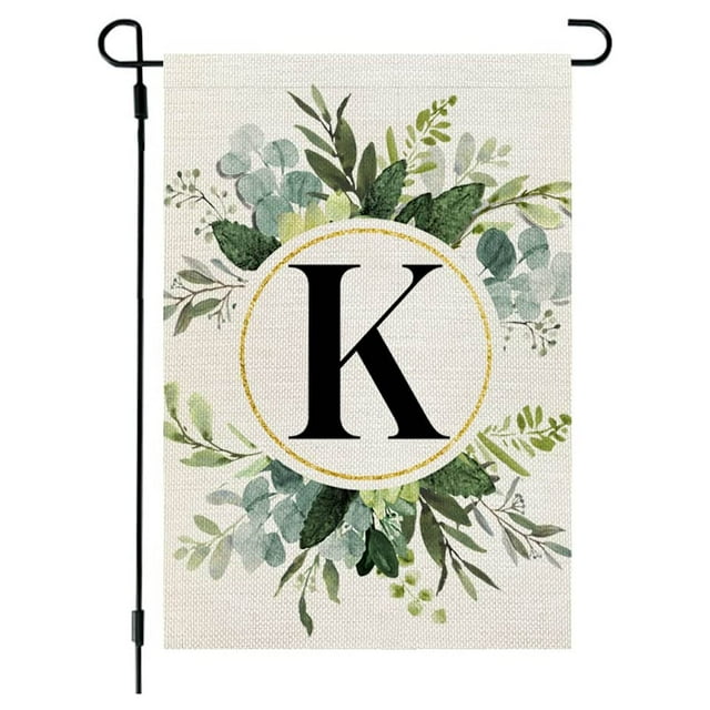 Garden Flags for Outside,Welcome Garden Flag Ins Style, 26 Letters+Green Plant Printing, Flax Garden Flag, First Letter of Surname, Hanging Flag at the Gate of Courtyard Spring Garden Flag