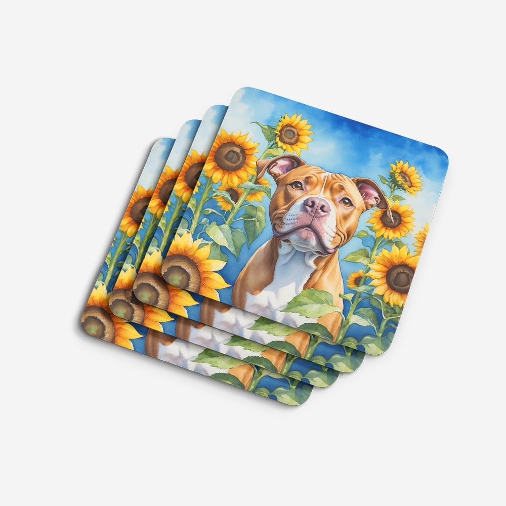 Pit Bull Terrier in Sunflowers Foam Coasters 3.5 in x 3.5 in