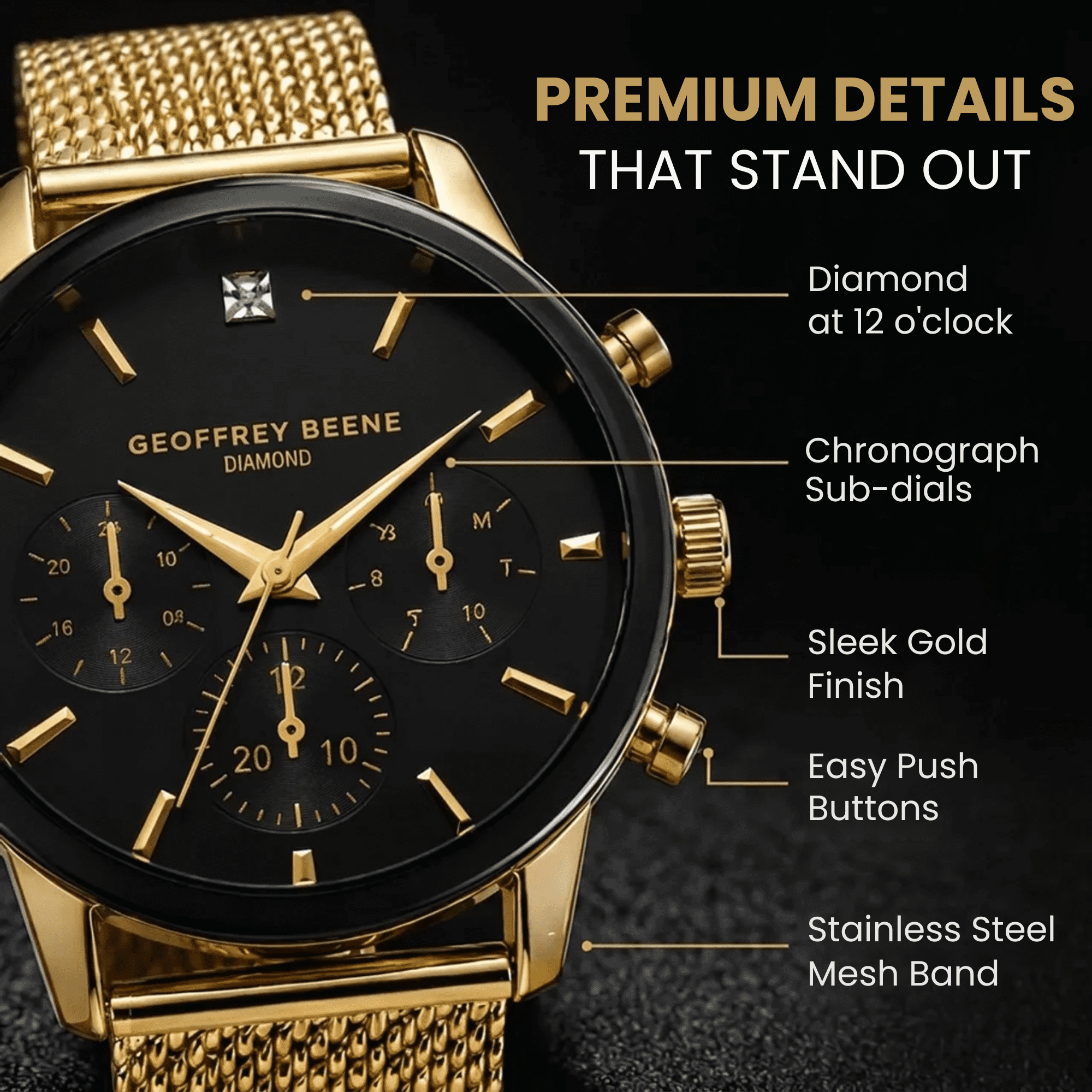 Men’s Gold Chronograph Watch – Stainless Steel Mesh Band, Luxury Dress Watch for Men, Quartz Movement, Water Resistant, Elegant Gift for Him