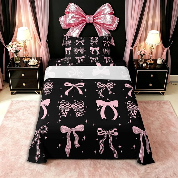 Erosebridal Teens Cute Pink Bow Twin Sheet Sets 3pcs,Girls Kids Cartoon Stars Print Bow Knot Bedding,Breathable Home Decor