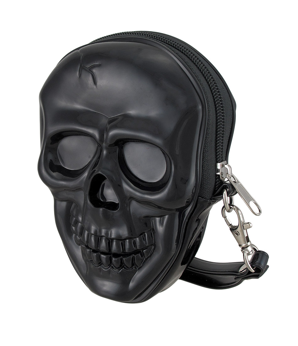 Zeckos Glossy Black Women's Molded Skull Shaped Pouch Style Wristlet Purse With Removable Strap