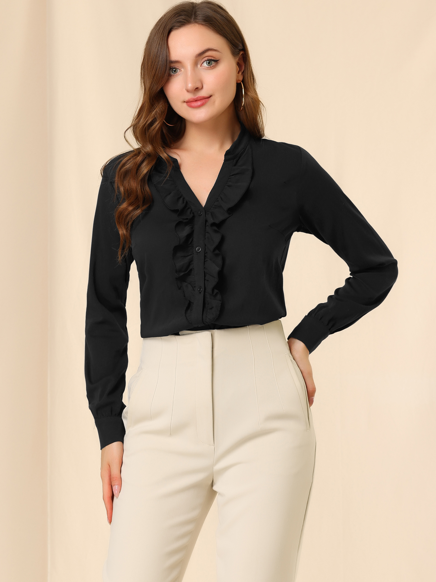 Ruffle Front V Neck Shirt 