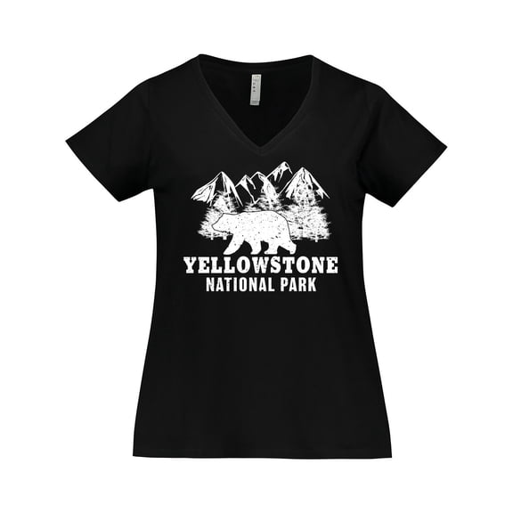 Inktastic Yellowstone National Park with Bear Mountains and Trees Women's Plus Size V-Neck T-Shirt