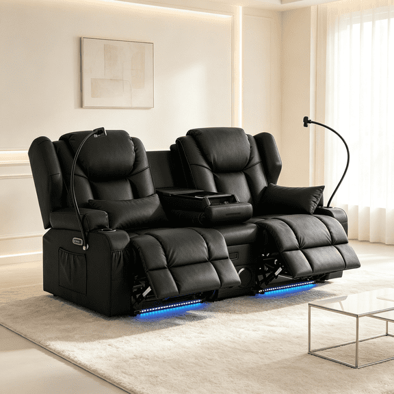 ROOMARK Electric Loveseat Recliner Double Recliner RV Sofa & Console, Wall Hugger Loveseat Reclining RV, RV Theater Seats, RV Couch, RV Home Theater Seating Furniture