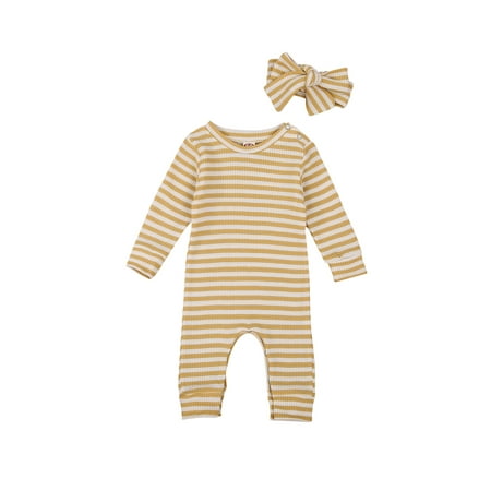 

Diconna Baby Girls Boys Romper Striped Round Neck Jumpsuits + Headband Outfit