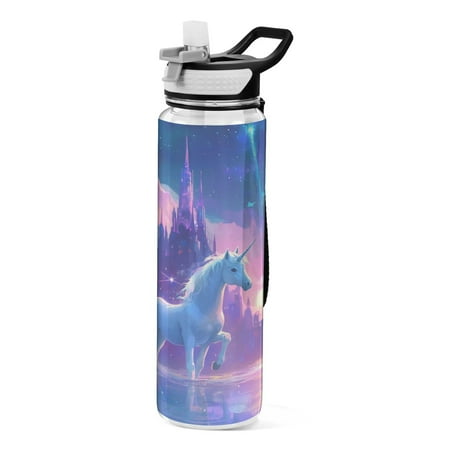 

32oz Transparent Sports Water Bottle with Straw BPA Free Tritan for Kids Adults Outdoor School Gym Fitness A White Unicorn