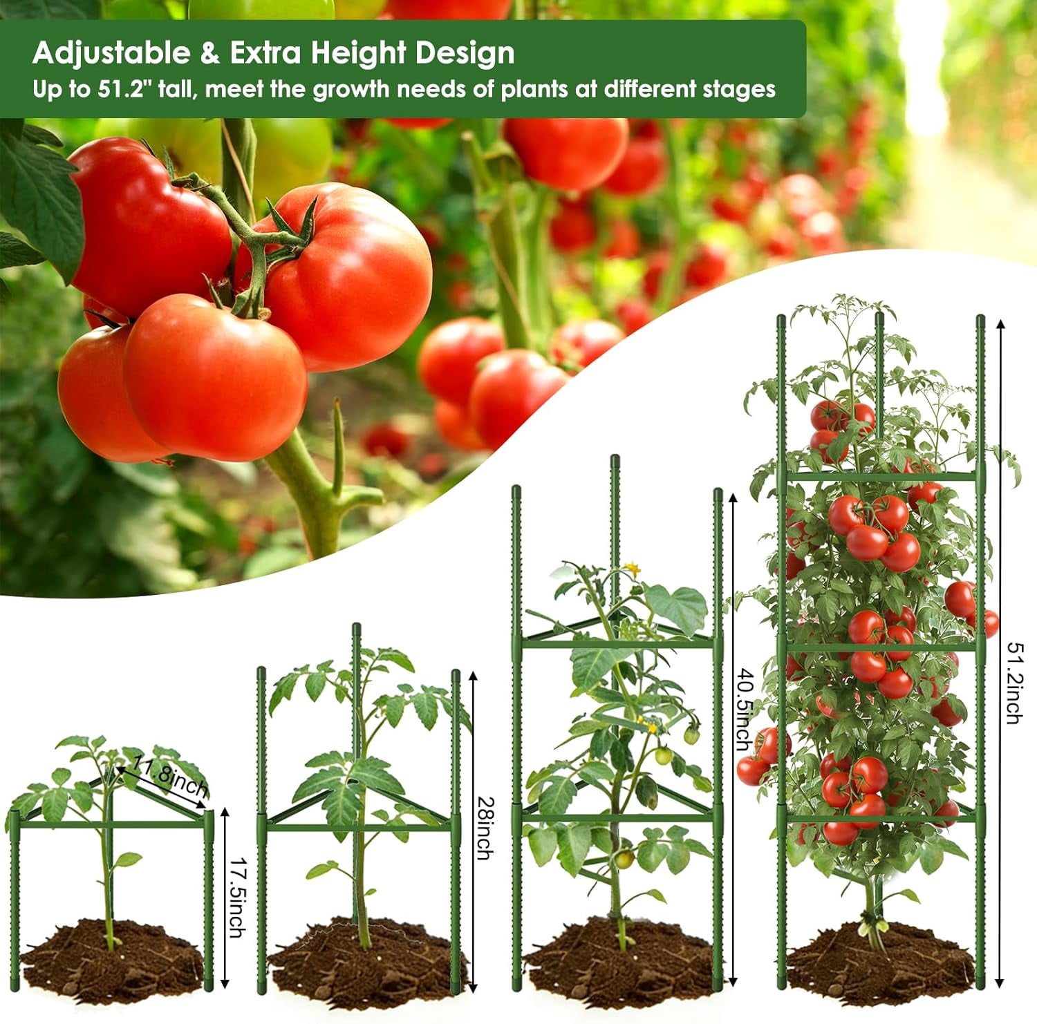 Tomato Cage - 3 Pack Tomato Cages for Garden, Up to 51.2" Tall Tomato Trellis Plant Support Garden Stakes, Adjustable Vegetables Structures for Pots, Raised Garden Bed, Climbing Plants Outdoor