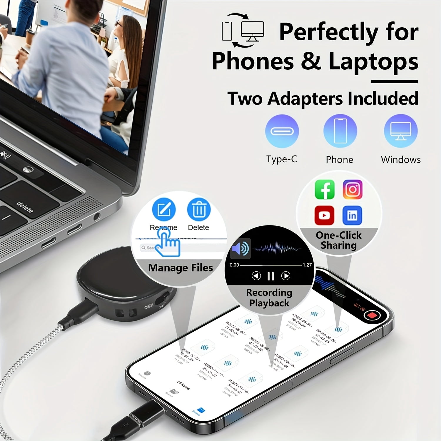 64GB Magnetic Voice Activated Recorder Device -[AI Noice Reduction] 4000H Audio Storage Recording Device, HD Digital Voice Recorder with Playback, Portable Tape Recorder for Car, Lectures, Meeting