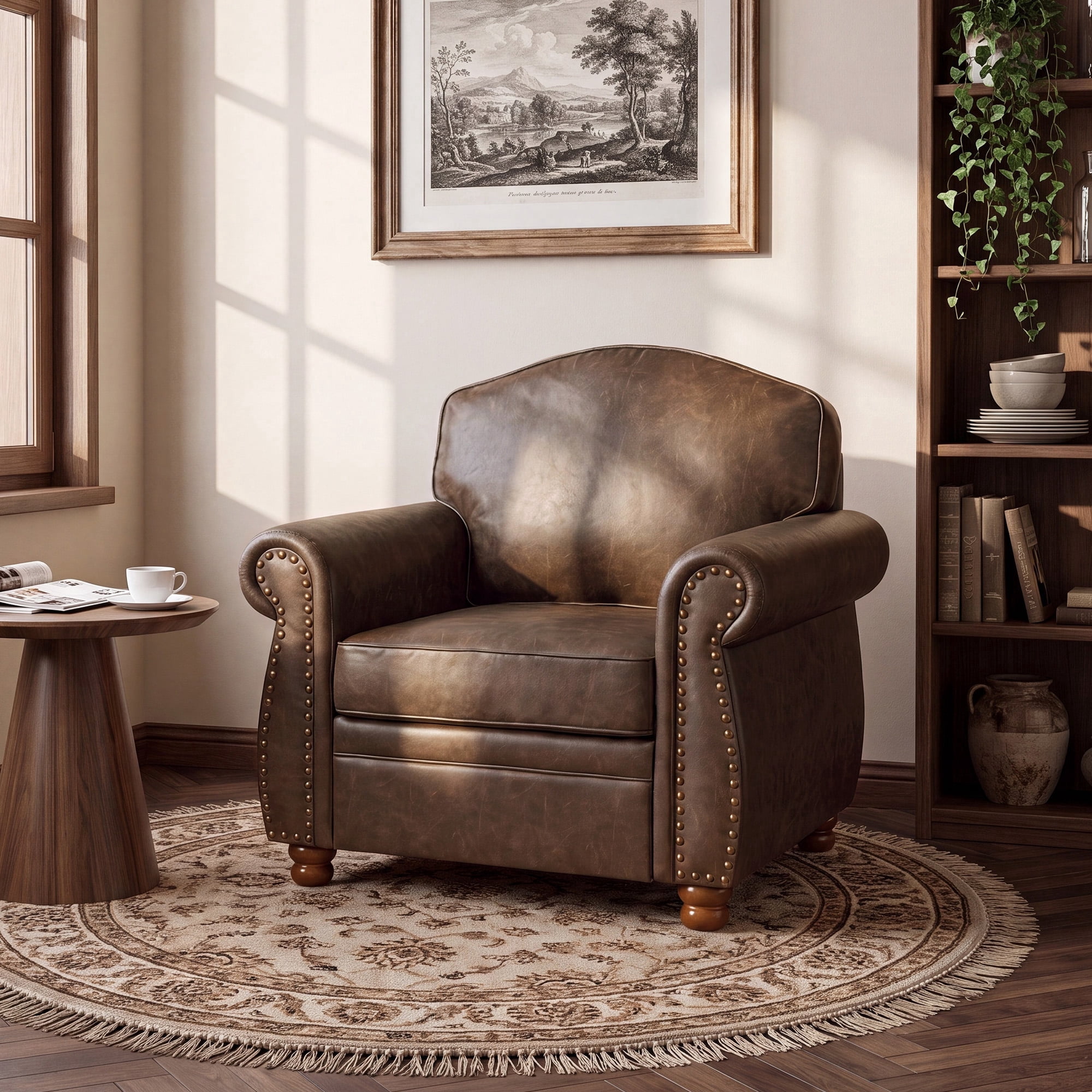 LAUSAINT HOME Vintage Oversized Faux Leather Chair, 41.3" Upholstered Nailhead Trim Single Accent Armchair with Rolled Arms and Wood Legs for Living Room, Bedroom, Apartment, Brown