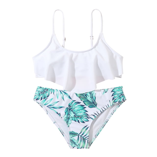 TBWNWG Kids Rashguard Swimsuit Set,Ruffles Swimwear Outfits Hollow Bikini Summer Kids Swimsuit Girls Set Leaves Print Graphic Bikini Swimsuit for 10Years