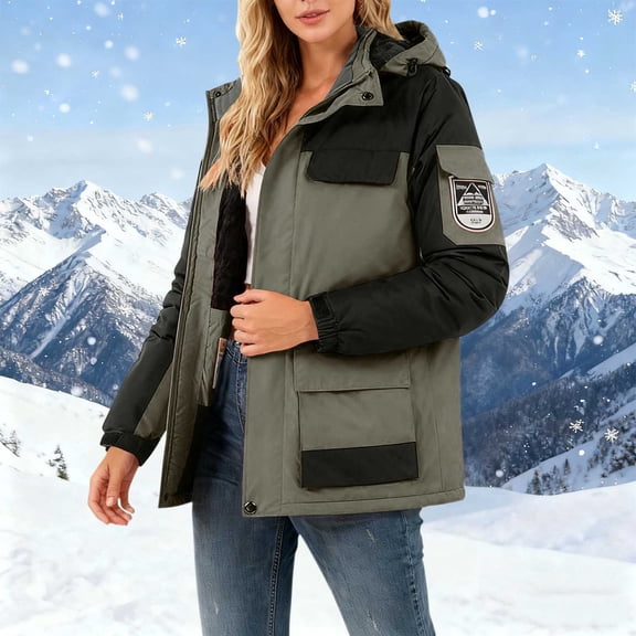 Drovellove Plus Size Women's Hooded Parka with Zipper Button Front, Stand Up Collar, Color Block Long Sleeve Casual Winter Coat with Pockets