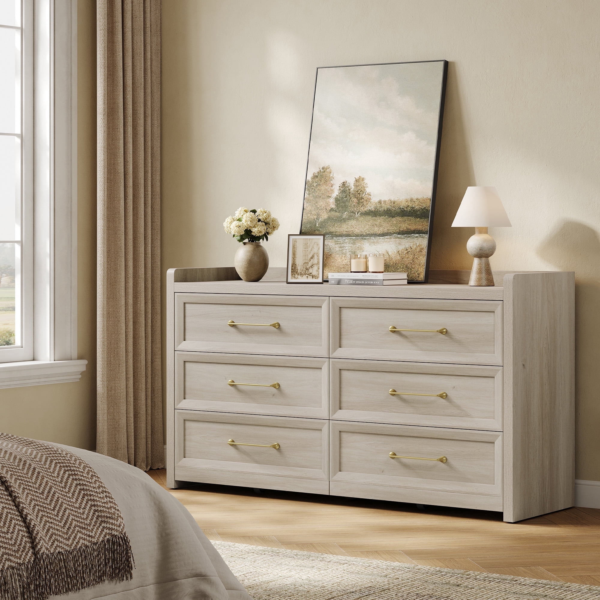 SICOTAS 56.4"W Farmhouse 6 Drawer Double Dresser, Long Chest of Drawers with Brass-tone Handles & Rolling Wheels, Wooden Dresser Storage Cabinet for Bedroom Living Room, White Oak