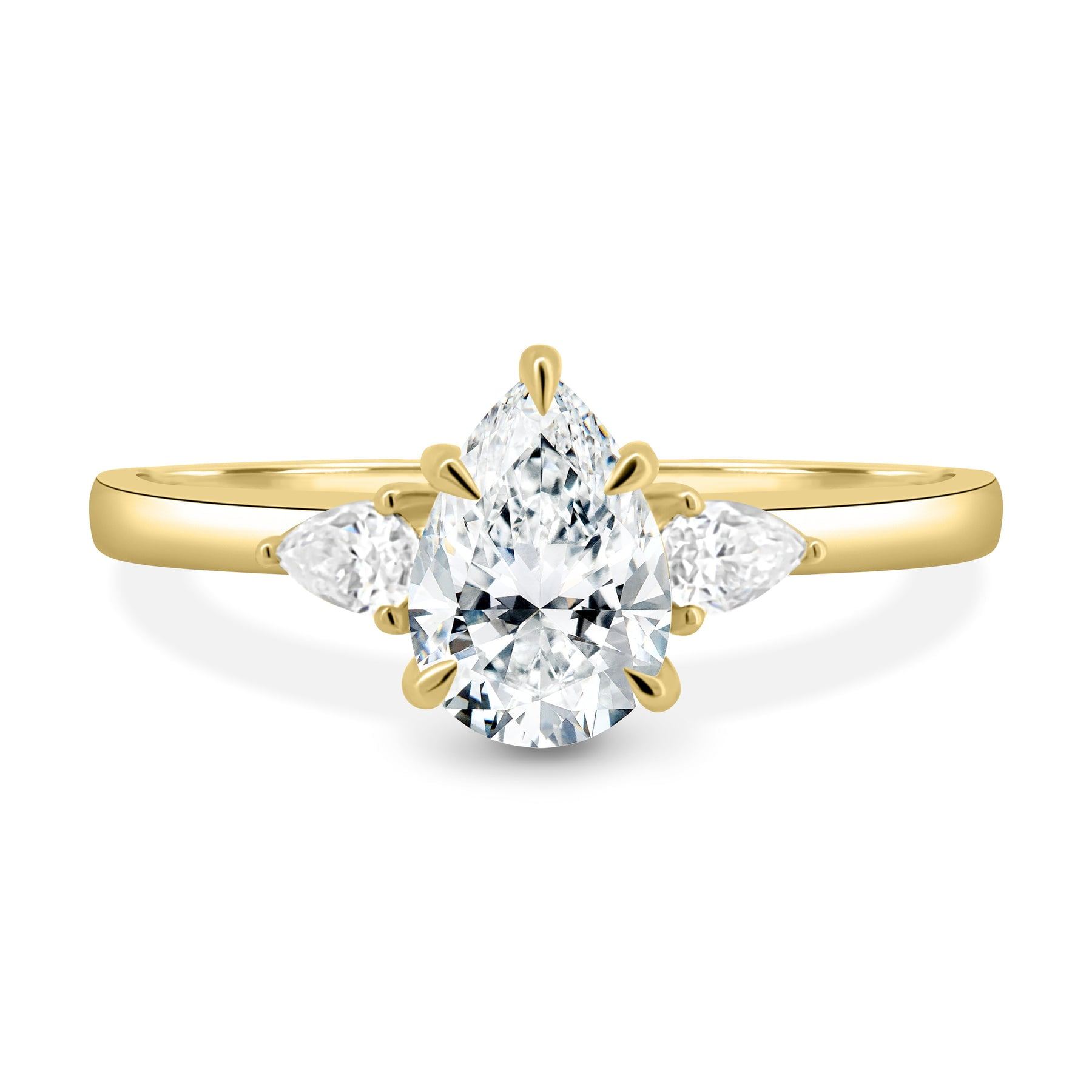 ESTE ORIGIN 2.00Ct Pear Cut Moissanite Trilogy Engagement Ring – 5 Claw Cathedral Setting in 18K Yellow Gold for Women US 8