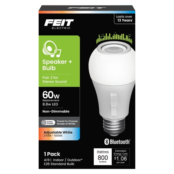 Feit Electric LED 8.8 Watt (60 Watt Equivalent) Selectable White Speaker Bulb, A19, E26 Base, Non-Dimmable