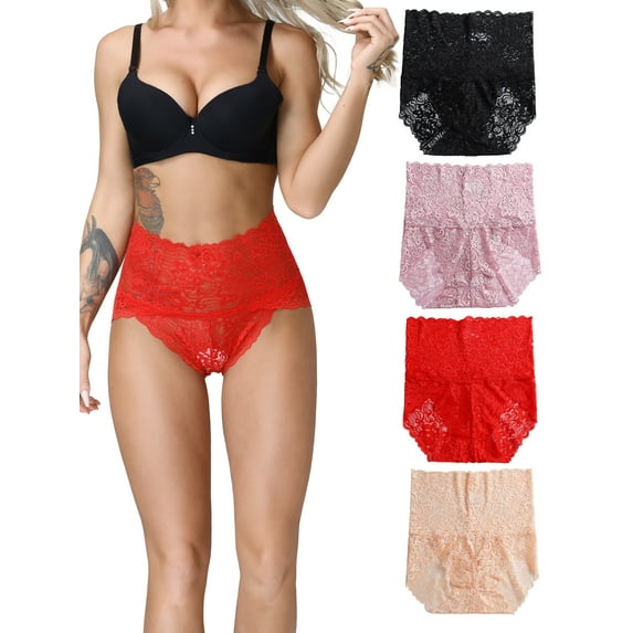 Women's Underwear Breathable High Waisted Sexy Lace Panties,4 Pack