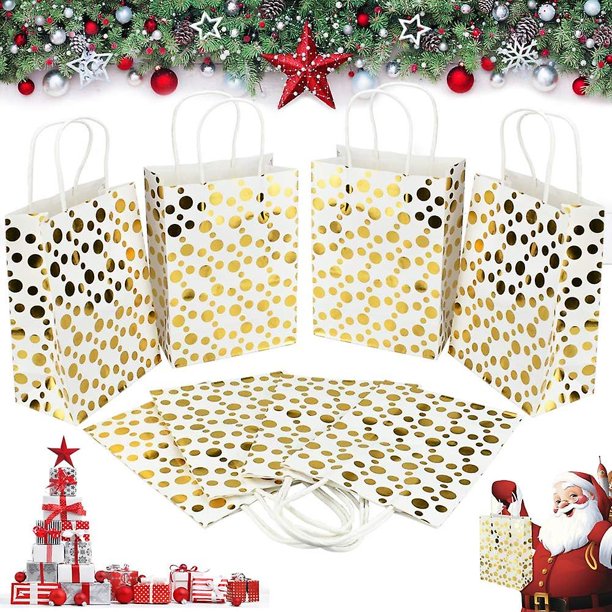 24 Piezas Bolsa De Papel Kraft 15x8x21cm Bolsita Para Envolver Regalos Bolsa De Lunares Dorados Bolsa De Cartulina De Lujo Para Navidad, Boda, Fiesta, Cumpleaños, Nacimiento - Punto Dorado Rojo Verde Cocina, Decoración y Otros