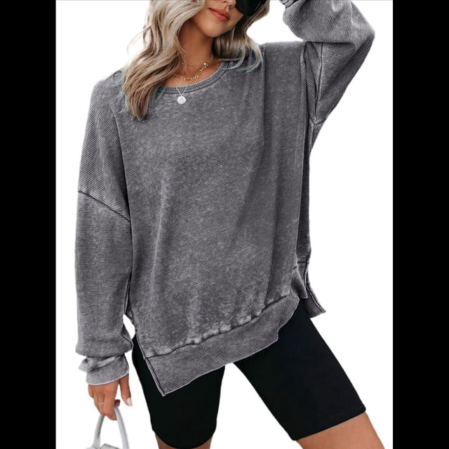 Sudadera de Cuello Redondo de Punto Gofre de Gran Tamaño para Mujer, Sudadera Informal de Larga con Laterales Gris XXL