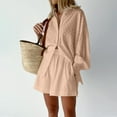 thumbnail image 2 of Two Piece Sets for Women Summer Long Sleeve Button Down Shirts and Shorts Casual Lounge Set Sweatsuits Summer Cotton Tracksuit (Khaki XL), 2 of 6