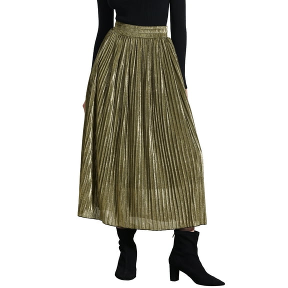 Unique Bargains Women Metallic Glitter High Waist Flared Plaeted Midi Skirt S Gold