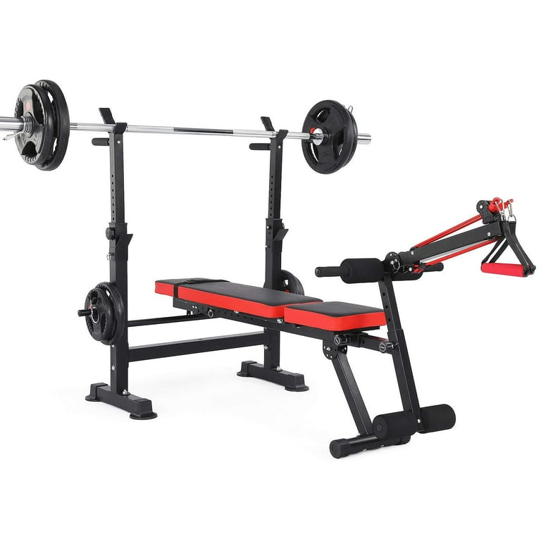 VIBESPARK 6 in 1 Adjustable Weight Bench Set Bench Press with Squat Barbell Rack Removable Foot Catch Rowing Set Ideal for Incline Flat Decline and