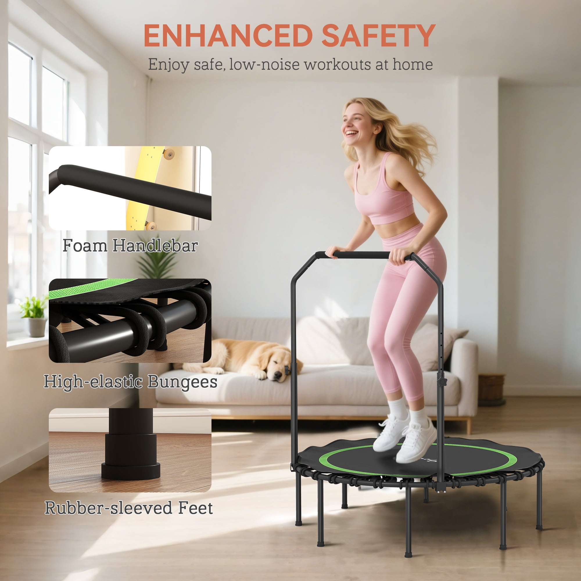 Soozier 45" Rebounder Trampoline for Adults, Foldable Mini Trampoline with Adjustable Handle Bar, Bungee Rebounder Jumping Cardio Trainer, Green