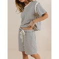 thumbnail image 6 of Yunliwuli Women Summer Shorts Outfits Stripe Round Neck Short Sleeve T-Shirts Tops Elastic Waist Shorts 2 Pieces Clothes Set, 6 of 8