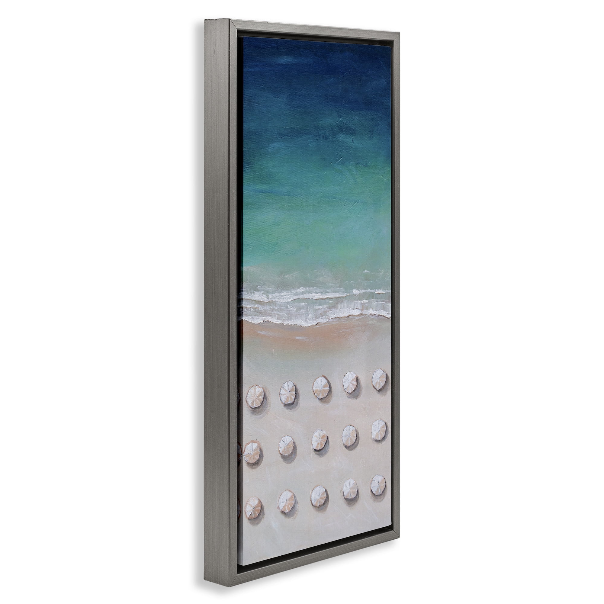 Stupell Industries Aerial Umbrellas on Beach Coast Nature Painting Gray Floater Framed Canvas Art Print Wall Art, 15 x 31