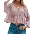 thumbnail image 3 of Women Swiss Dots Buttons Ruching Hem Deep V Neck 3/4 Sleeves Summer Blouse, 3 of 7