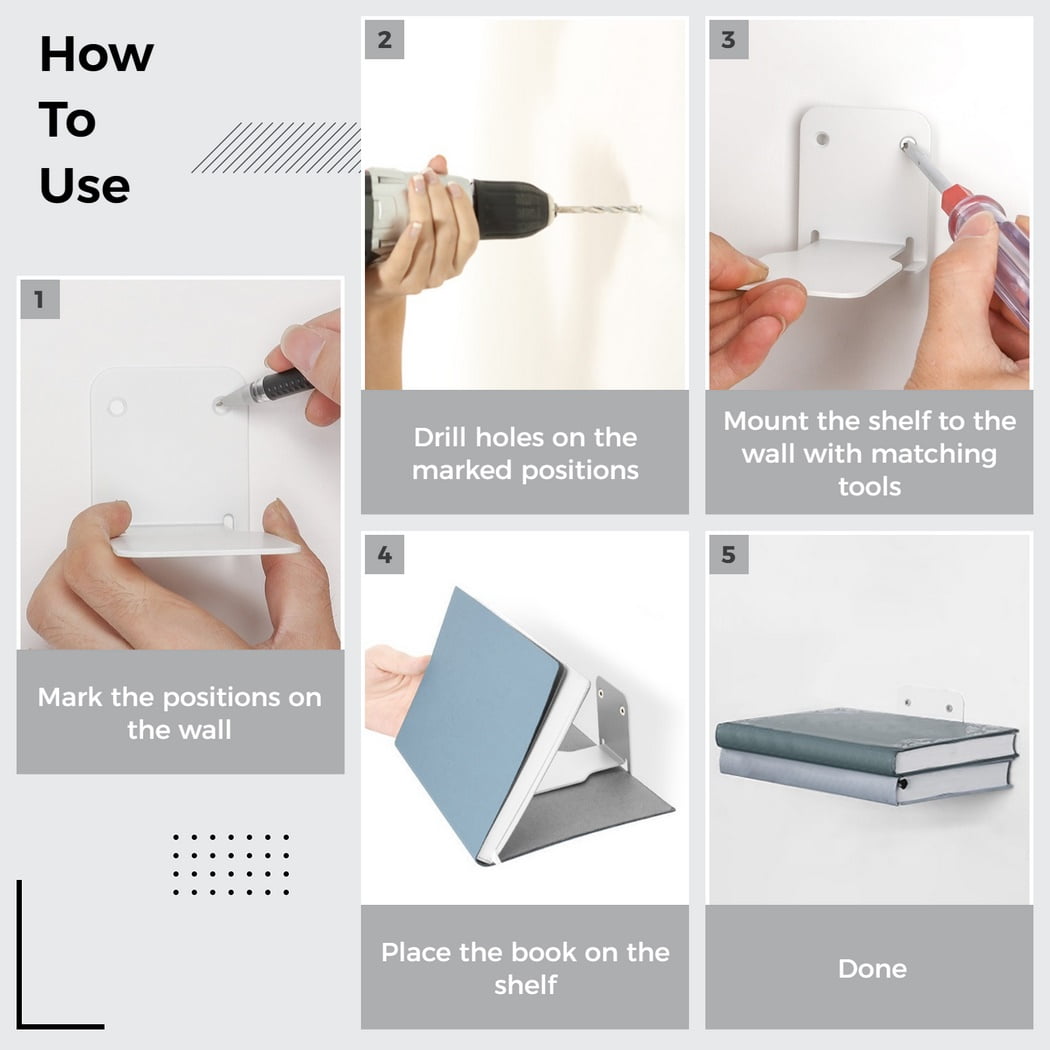 4Pcs Invisible Floating Bookshelves, Wall-Mounted Floating Book Organizers, Heavy-Duty Metal Book Storage Holders, Wall Ledge Shelves for Bedroom, Living Room, Office