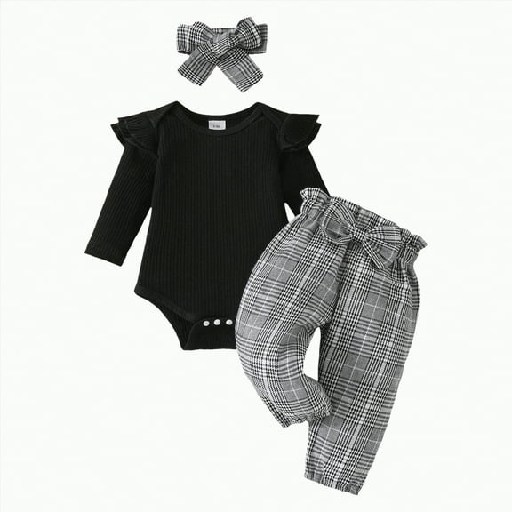 CAICJ98 Newborn Baby Girls Clothes Ribbed Ruffled Romper   Plaid Pants   Headband Infant Outfit Set (Black,6-9 Months)
