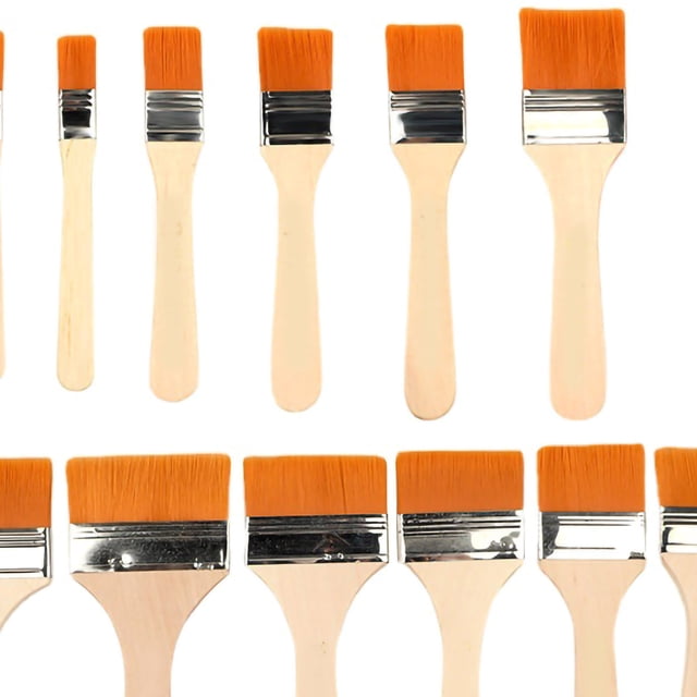12PCS Pincel de pintura plano Cerdas de nailon Mango de madera Pincel de pintura con chip de aleación de aluminio para barbacoa Amarillo 12PCS