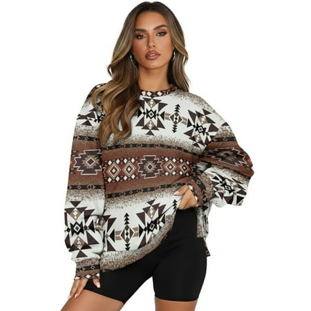 SCRAWLGOD American Tribal White Brown Fall Sweatshirts for Women Long Sleeve Pullover Tops with Pockets Crewneck Drop Shoulder Comfortable Clothes Casual Oversized Sweatshirt 3XL