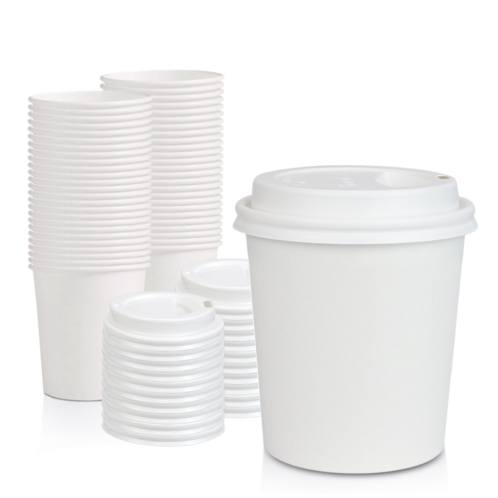 [100 Pack] 8 Oz Disposable White Paper Cups with White Lids On the Go