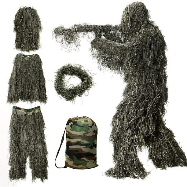 Traje Ghillie 5 en 1, ropa de caza de camuflaje 3D que incluye chaqueta, pantalones, capucha, bolsa de transporte Wmkox8yii jkg3529