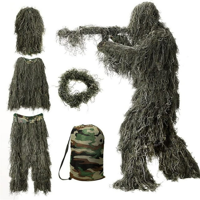 Traje Ghillie 5 en 1, ropa de caza de camuflaje 3D que incluye chaqueta, pantalones, capucha, bolsa de transporte Wmkox8yii jkg3527