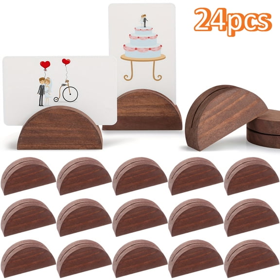 24pcs Wood Place Card Holders, Wood Stable Table Number Stand, Walnut Rustic Table Numbers, 2.36inch Semicircle Wood Sign Holder for Weddings Banquets Restaurants Birthday Parties