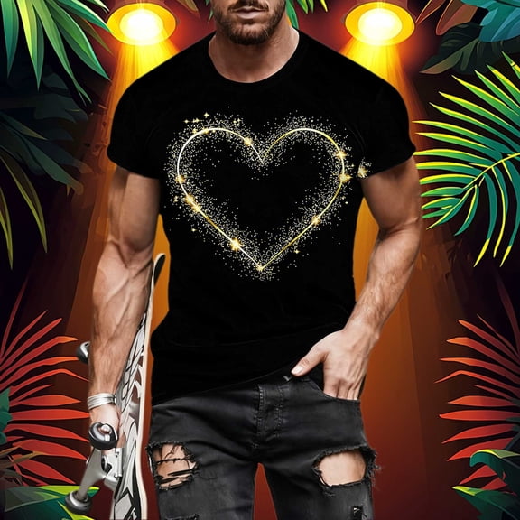 Valentine T-Shirt for Men Love Theme Print Short Sleeve Round Neck Casual Tee Black XL