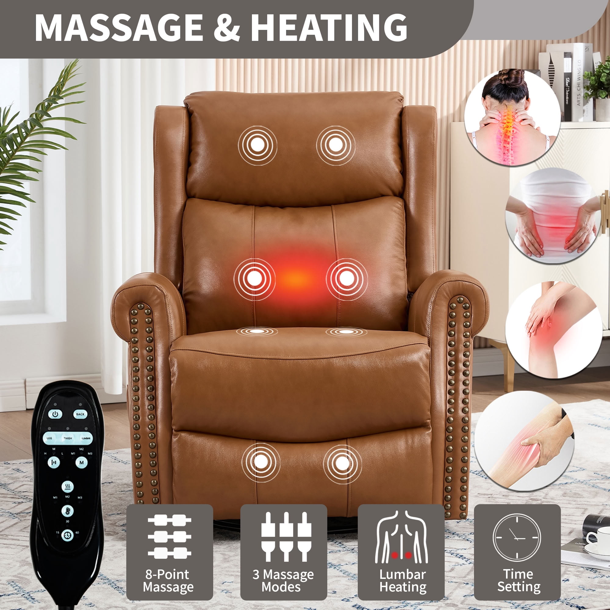 MAYEERTY 360 Degree Swivel Rocker Recliner Chair, Genuine Leather Manual Recline Glider Armchair with 8-Point Vibration Massage & Lumbar Heat, for Living Room Home Theater