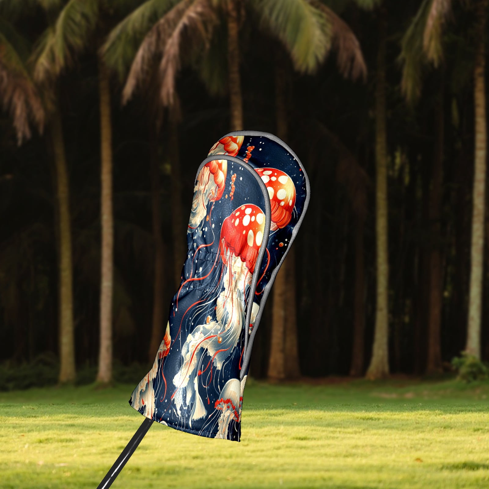 Golf Club Covers PU Leather Waterproof Head Covers for Fairway Woods Hybrids Red Jellyfish