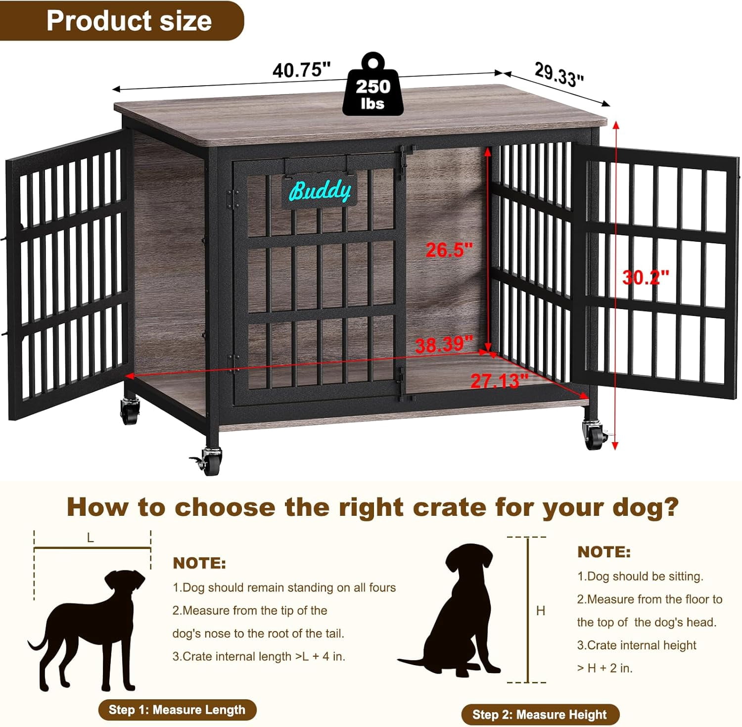 POAO 41"Dog Crate Furniture with Name Tag,Heavy Duty Dog Kennel Indoor for Medium Dogs,Double-Doors Sturdy Metal Dog Cage for Anxiety Dog,End Table